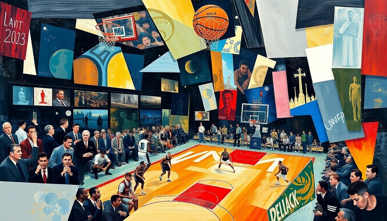 A fragmented, geometric painting depicting a basketball game, with the court and players broken down into sharp, overlapping shapes and planes, conveying the tension and uncertainty of the upcoming draft lottery coin flip.