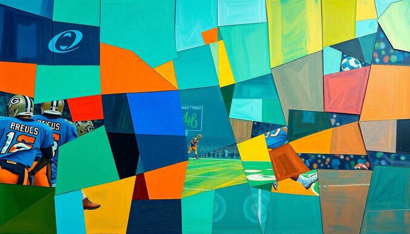 A fragmented, geometric painting depicting an abstract football or draft scene, with sharp planes of color and overlapping shapes representing the Giants' approach to the 2026 NFL Draft.