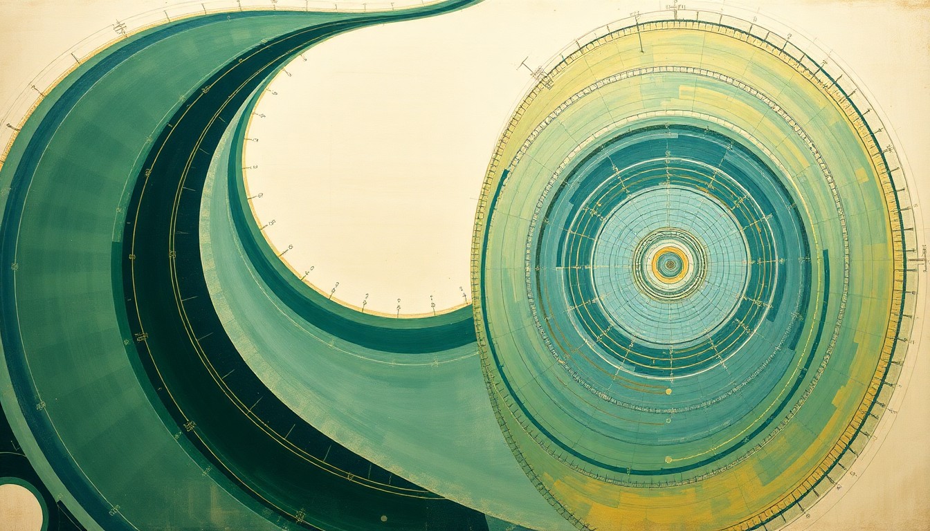 A bold, abstract painting in the style of Hilma af Klint, featuring sweeping geometric arcs, concentric circles, and precise botanical spirals in earthy tones of green, blue, and gold, conceptually representing the complex solar energy system and its integration with the wastewater treatment plant.