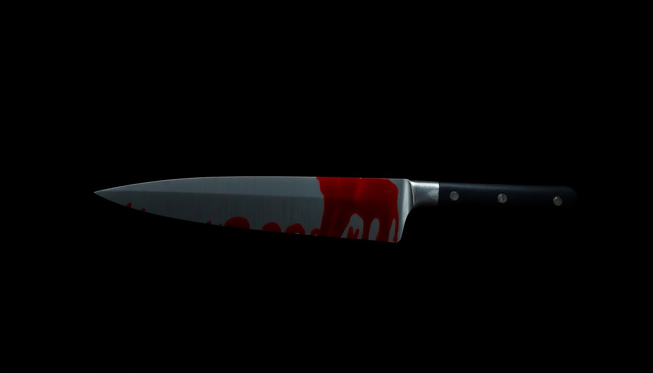 An extreme close-up of a bloodied knife against a stark black background, conveying the harsh, gritty reality of a violent crime scene.