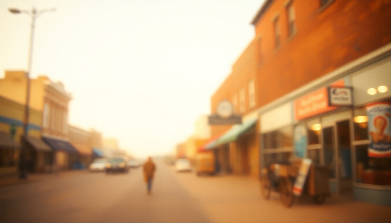 An abstract, impressionistic photograph in soft, warm tones depicting a blurred, out-of-focus scene of a small-town main street, conceptually representing the quiet passing of a community member.