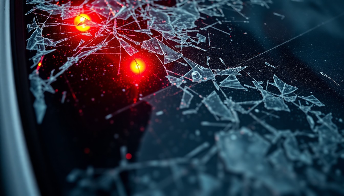 An extreme close-up photograph of a shattered car windshield reflecting a faint red light, conceptually representing the devastating impact of a deadly drunk driving incident.