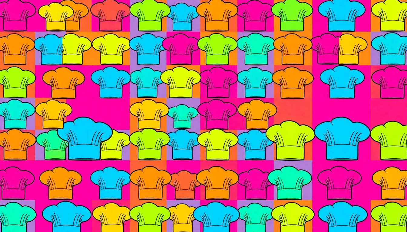 A bold, colorful silkscreen-style illustration featuring a repeating pattern of a chef's hat in vibrant neon shades, conceptually representing the culinary expertise of a local Pittsburgh chef catering to high-profile NFL guests.