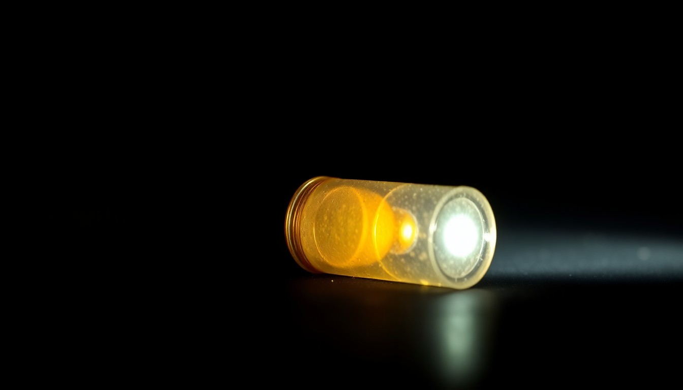 An extreme close-up photograph of a spent shell casing, its metallic surface reflecting the harsh light of the camera flash against a pitch-black background, conveying the serious, investigative nature of the crime scene.