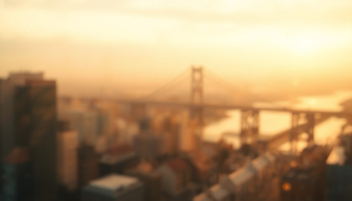 An impressionistic, out-of-focus scene of a blurred cityscape with the faint outline of a bridge in the distance, conveying a sense of the disruption caused by the bridge's closure.