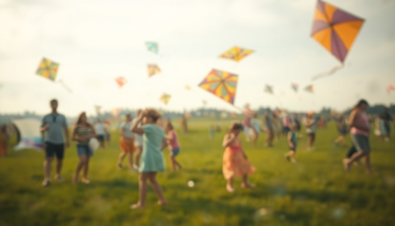 An abstract, impressionistic scene of blurred, colorful kites floating in a hazy, sun-dappled field, conveying the joyful, community-focused atmosphere of the Lions Club event.