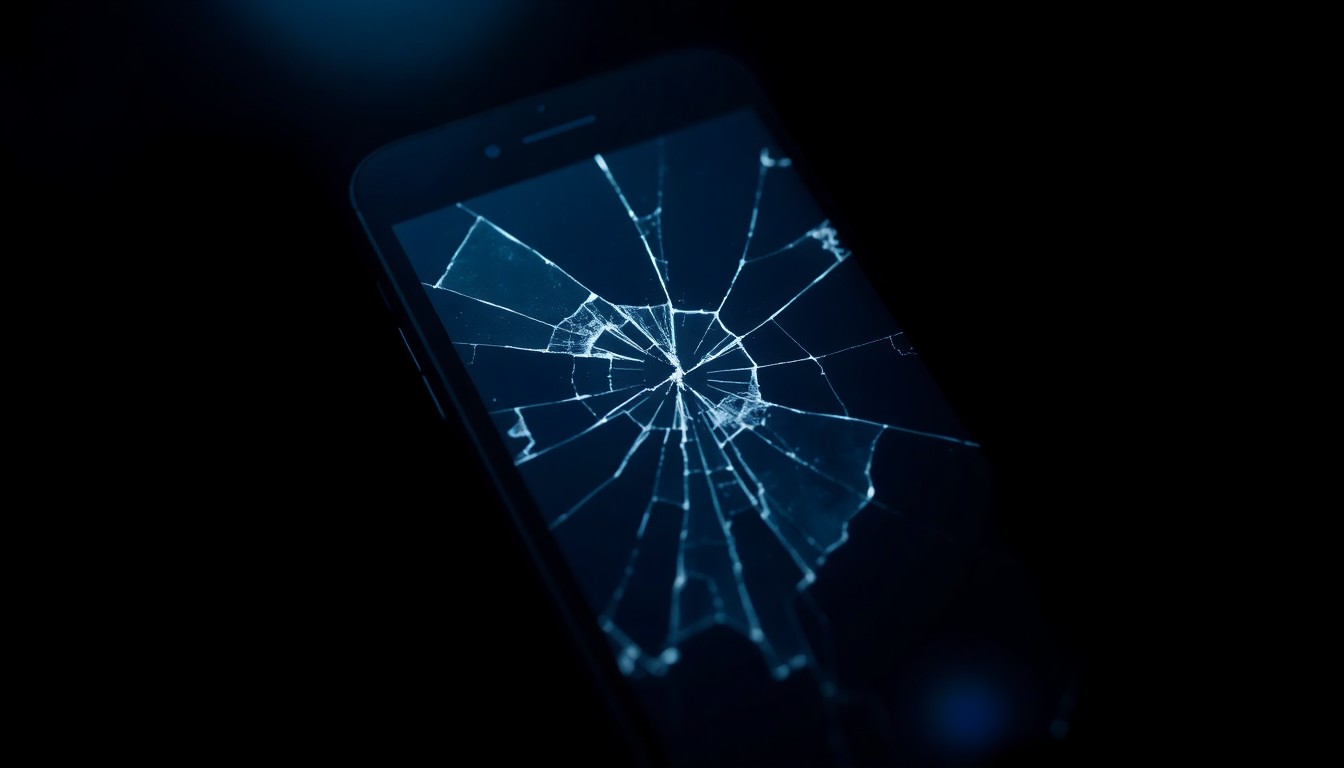 An extreme close-up photograph of a cracked and damaged smartphone screen, representing the physical evidence of a violent crime, lit by a harsh, direct camera flash against a pitch-black background, creating a stark, investigative aesthetic.