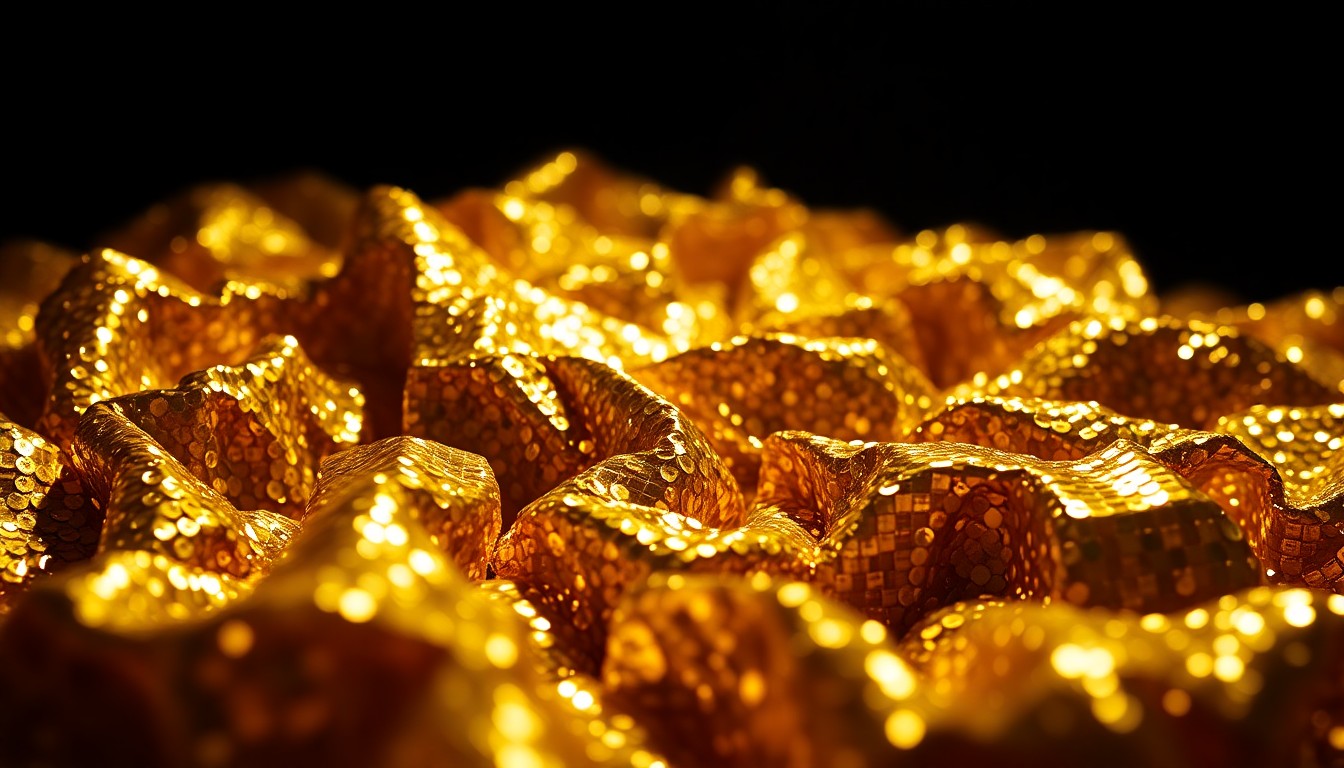 An abstract close-up photograph of shimmering, crumpled gold sequins under dramatic studio lighting, conveying a sense of glamour and high-stakes celebrity culture.