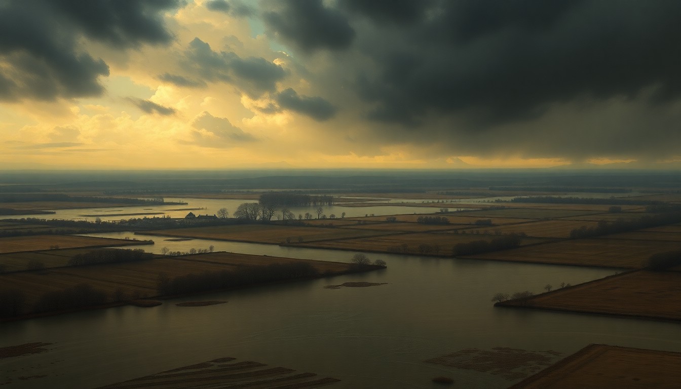 A vast, atmospheric landscape painting in muted tones of gray, blue, and green, depicting a flooded rural area with a distant horizon line and dramatic, moody lighting. The scene emphasizes the overwhelming scale of the natural disaster, with any physical structures or objects dwarfed by the expansive, atmospheric environment.