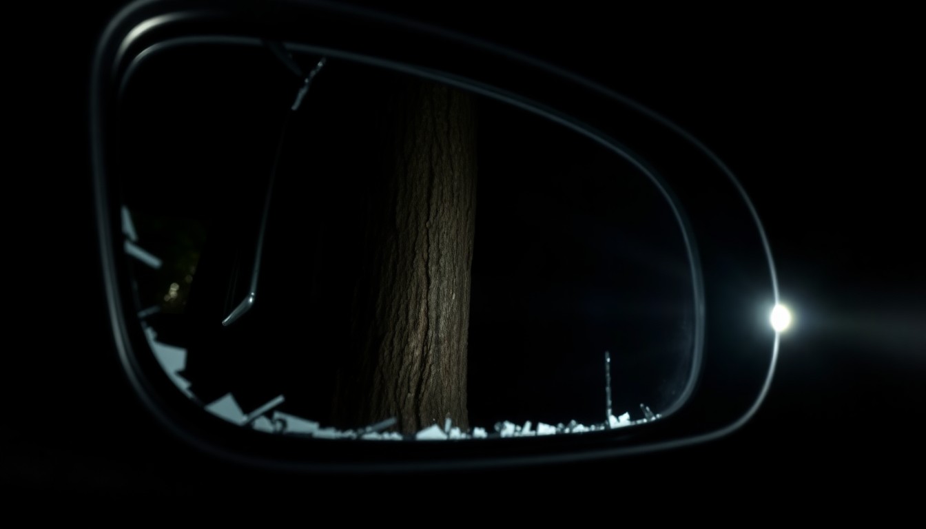An extreme close-up of a shattered car side mirror reflecting the faint outline of a tree trunk, creating a stark, gritty, investigative aesthetic through the use of harsh, direct flash lighting against a pitch-black background.
