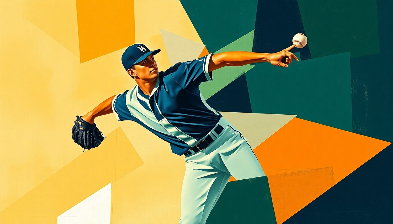 A cubist, geometric illustration depicting a baseball pitcher's throwing motion broken down into overlapping planes of navy, green, and orange, conveying the complex, multifaceted nature of player development and roster management in Major League Baseball.