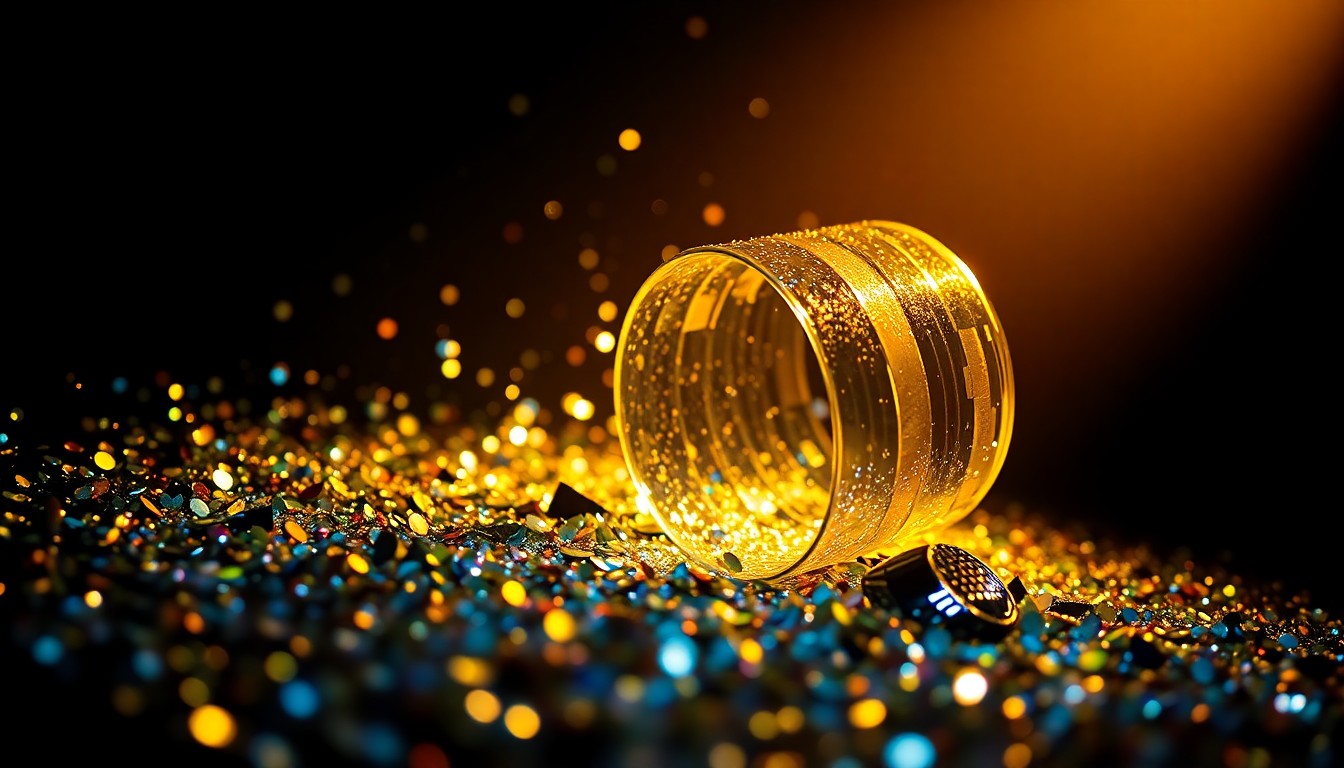 An extreme close-up of shimmering sequins and shattered glass, capturing the glamorous, high-energy aesthetic of a comedy performance.