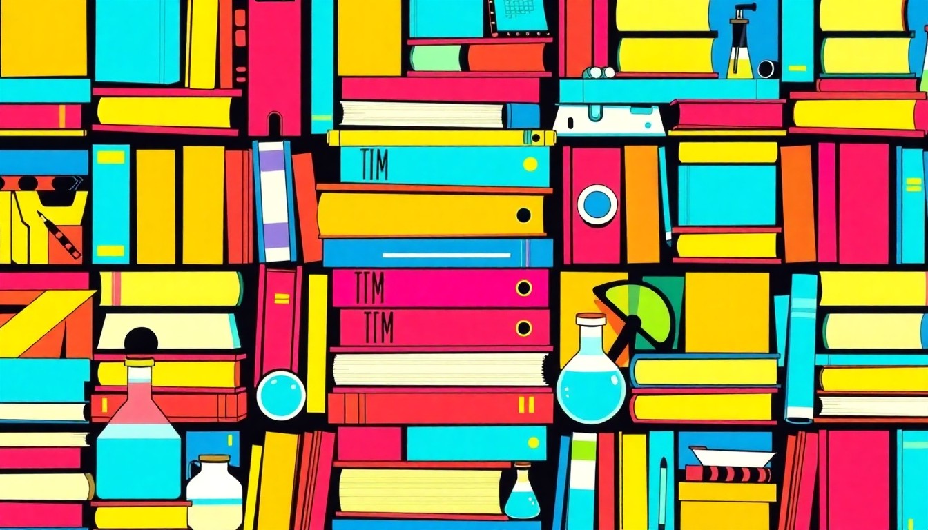 A vibrant, abstract grid of colorful silkscreen images depicting STEM textbooks, lab equipment, and other educational tools, conceptually representing the investment in regional STEM programs.