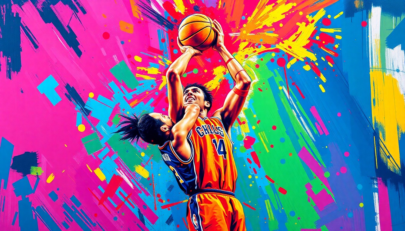 An abstract, expressionist painting depicting the dynamic motion of a basketball player shooting a three-pointer, with vibrant neon colors and rapid brushstrokes capturing the raw energy of the moment.