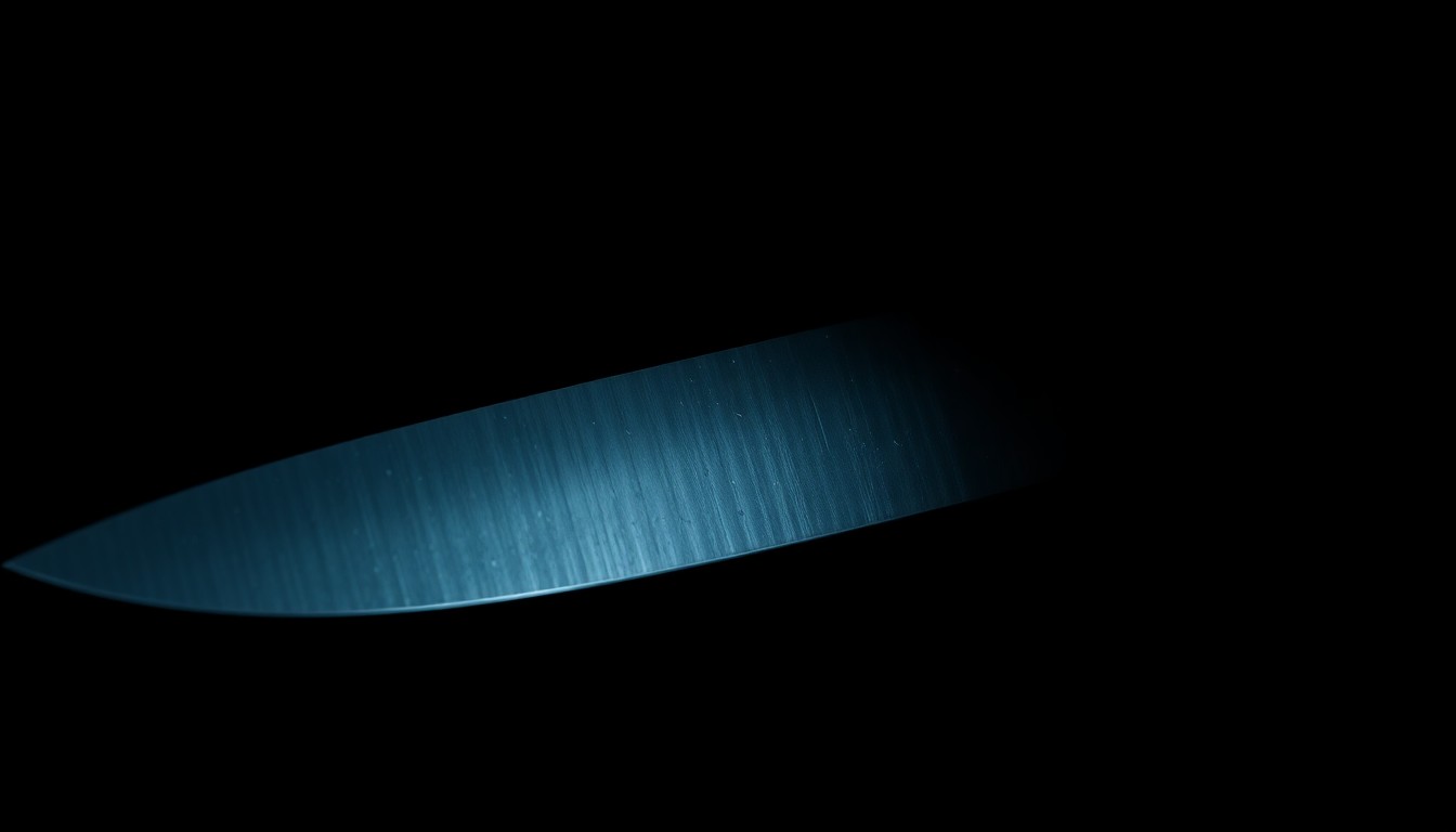 An extreme close-up of a knife blade reflecting a bright, harsh light, conceptually illustrating the investigation into the alleged assault.