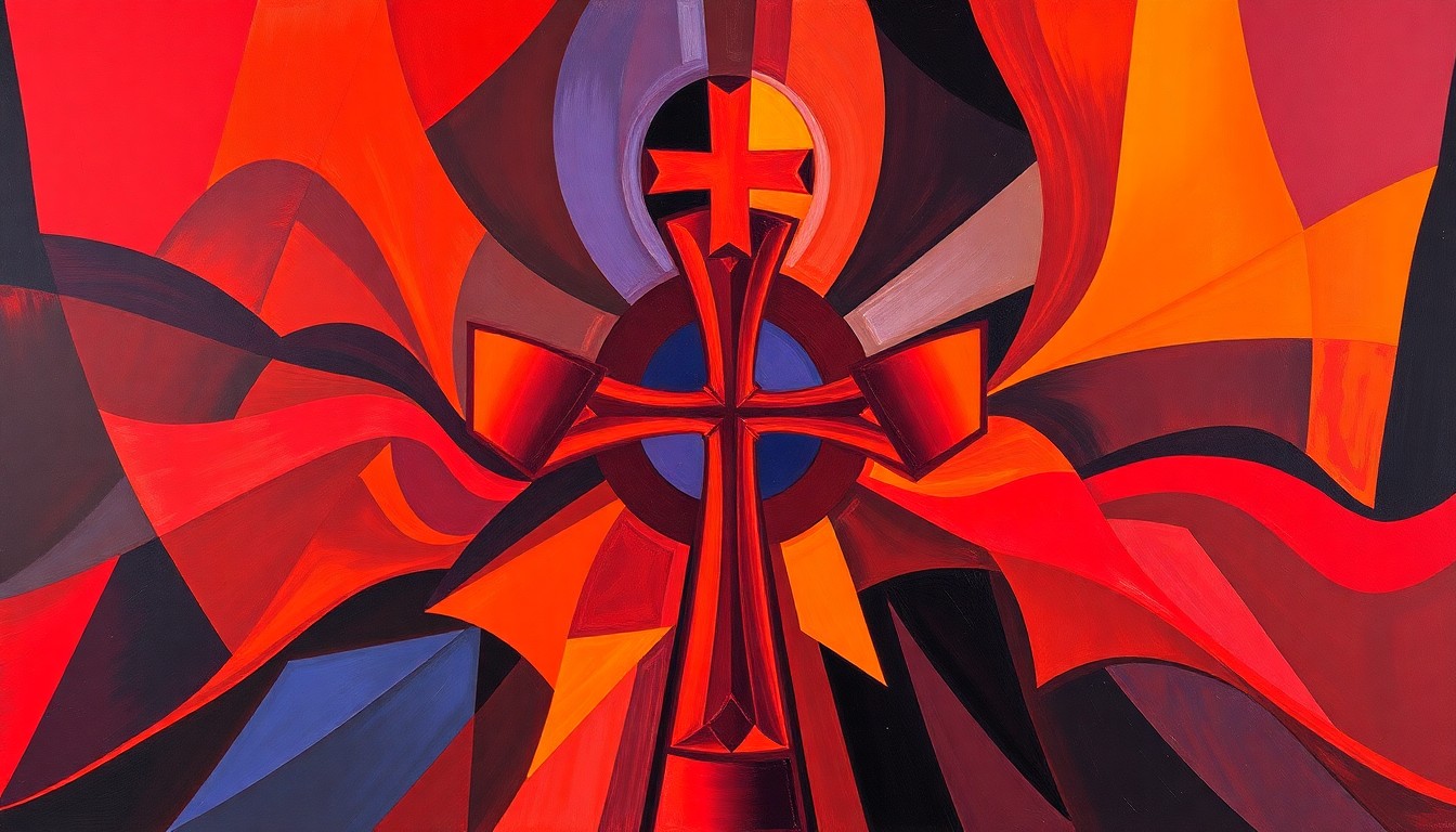 An abstract, avant-garde painting featuring a religious symbol or icon such as a cross or chalice, repeated in overlapping, fractured, geometric waves of vibrant red, orange, and purple colors, conceptually representing the complex and divisive nature of the debate around religious imagery in modern society.