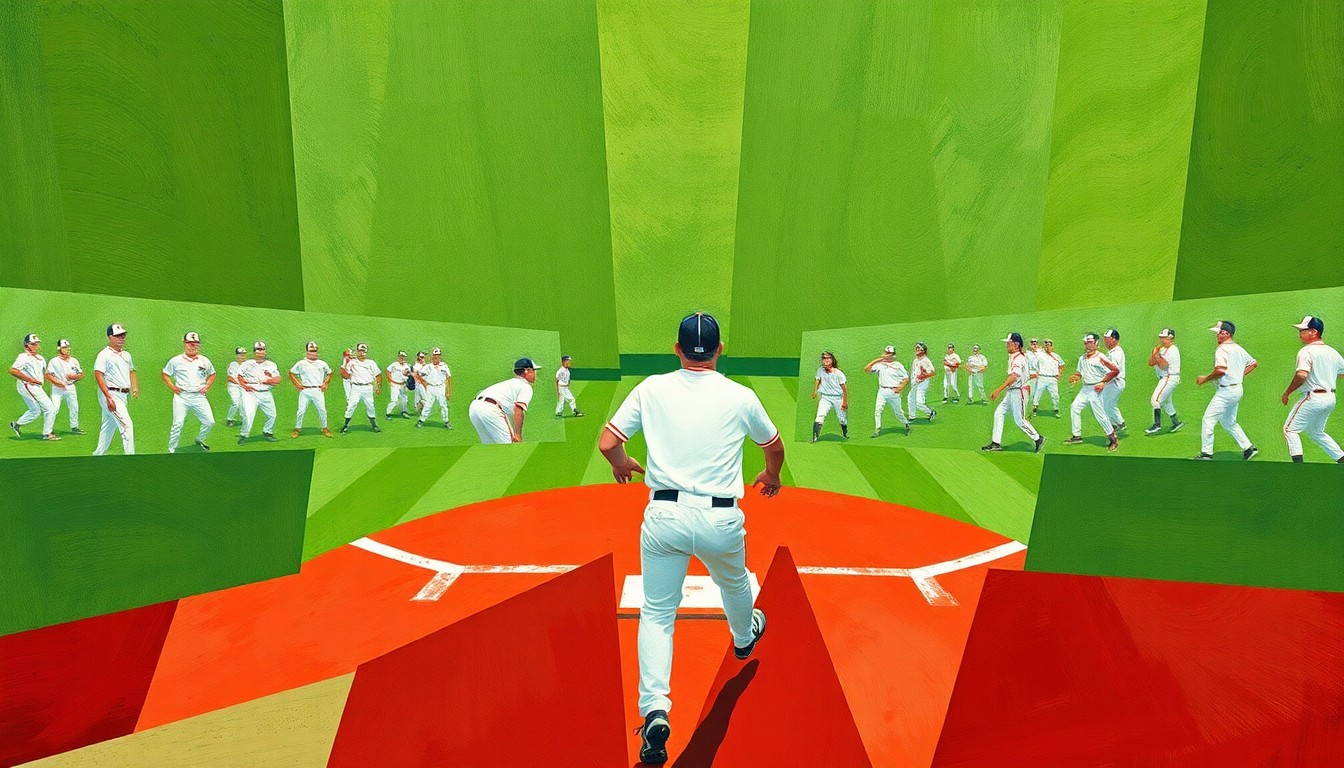 A fragmented, geometric painting depicting the dynamic movements and competing viewpoints of a high school softball game, with sharp planes of green, white, and red conveying the raw energy of the sport.