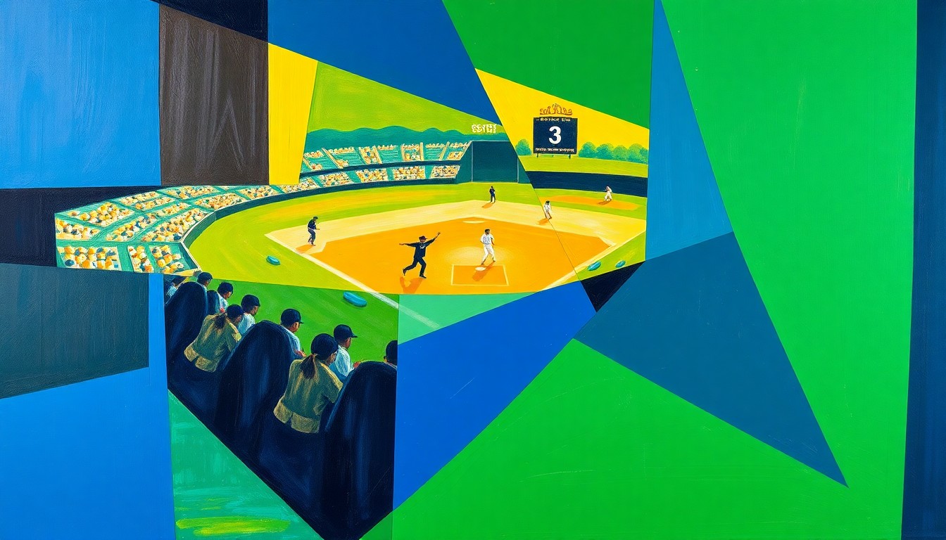 A cubist, geometric painting depicting a softball game, with the players and field broken down into overlapping planes of navy blue, kelly green, and goldenrod, capturing the dynamic energy of the sport.