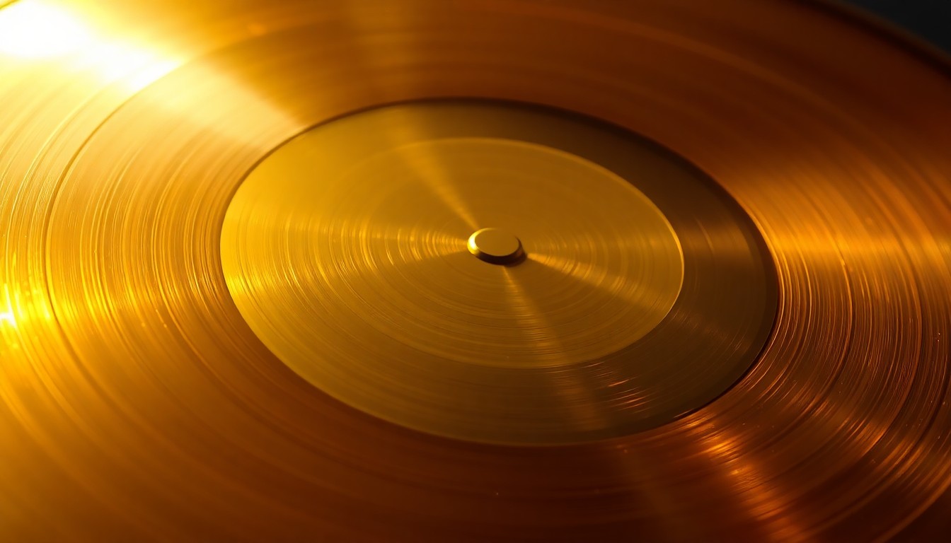 An abstract close-up photograph of a gleaming gold record plaque, capturing the luxurious, high-contrast texture and reflective quality of the metal surface.