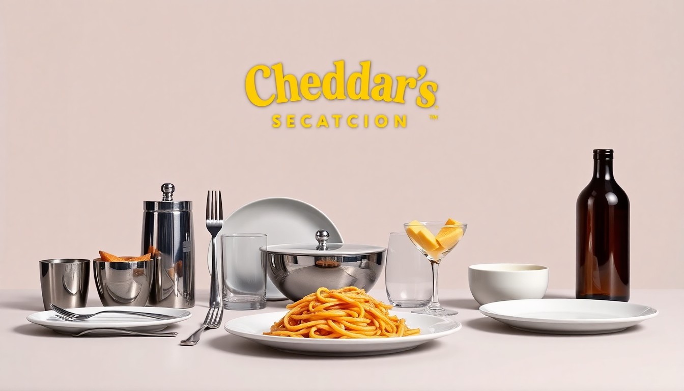 A high-end studio still life photograph featuring a selection of premium tableware and cutlery items arranged elegantly on a clean, monochromatic background, conceptually representing the dining experience at the new Cheddar's Scratch Kitchen restaurant.