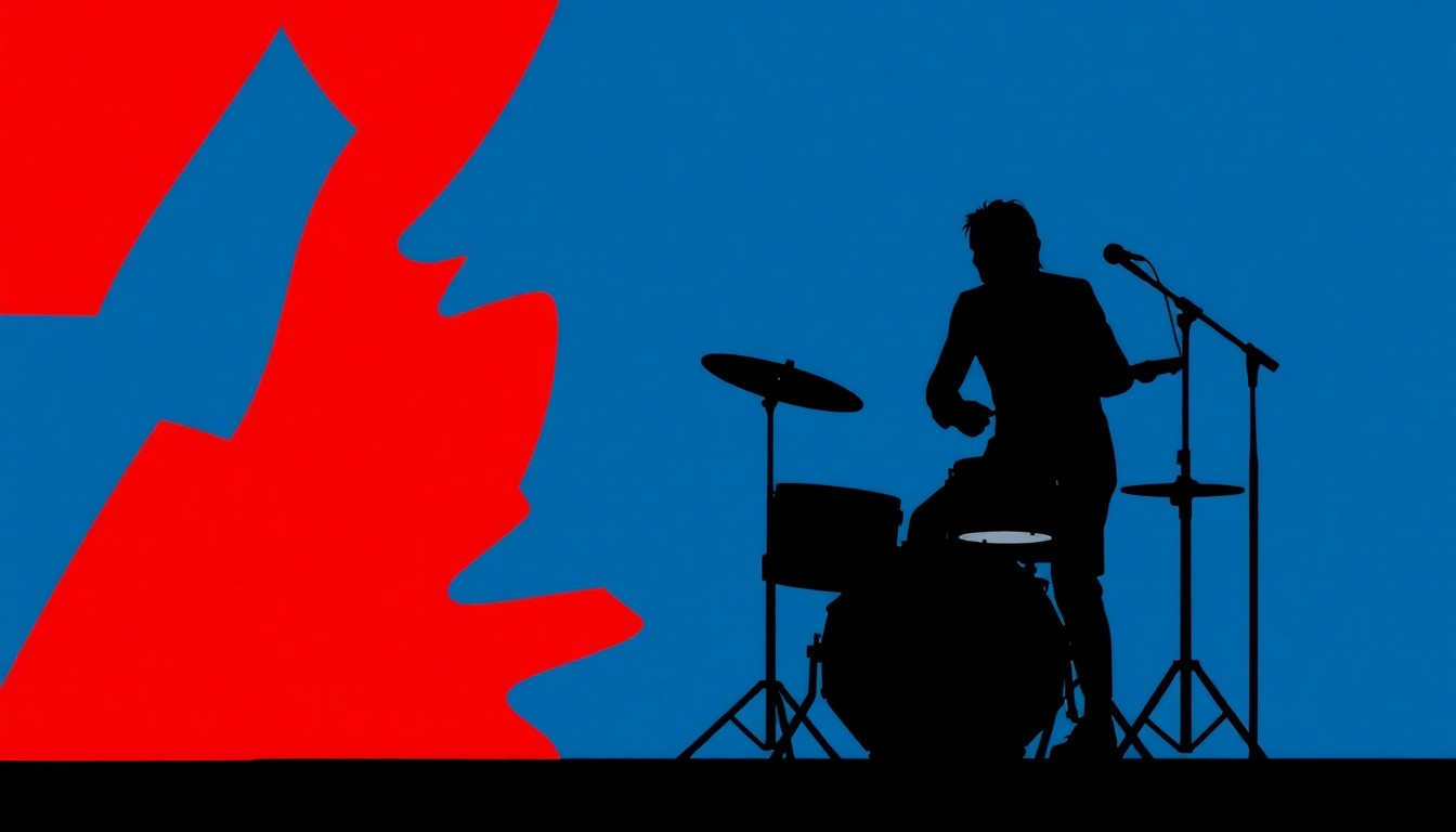 An abstract, minimalist illustration featuring jagged geometric shapes and bold black silhouettes representing the iconic Blondie band logo and drum kit, conveying the energy and spirit of the punk rock era.