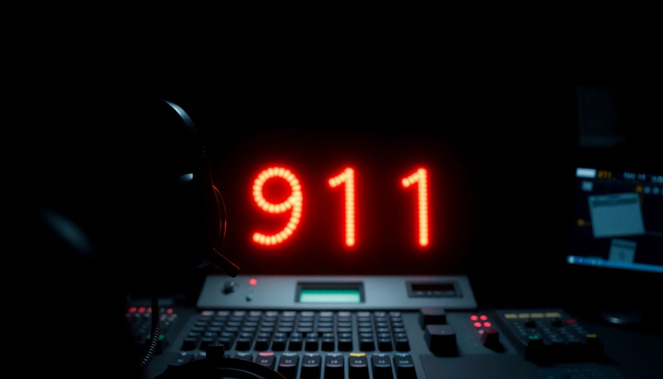 An extreme close-up photograph of a 911 headset and control panel, lit by a harsh, direct camera flash against a pitch-black background, conveying the serious, investigative nature of the work done by 911 dispatchers.