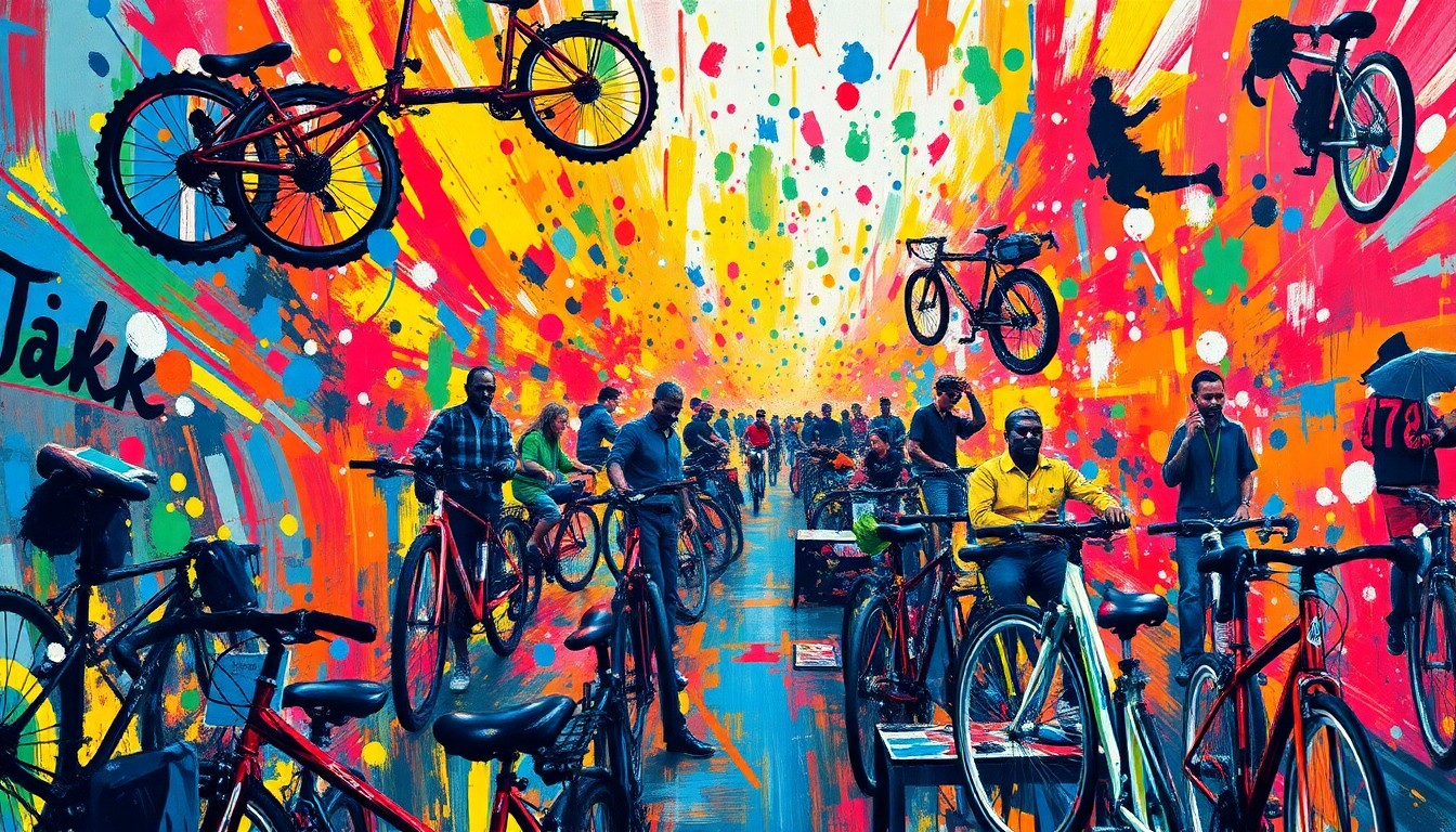 An abstract expressionist painting in vibrant neon colors, with brushstrokes capturing the dynamic movement and energy of a bustling bike swap event, where bicycles, gears, and accessories blend together in a colorful, energetic composition.