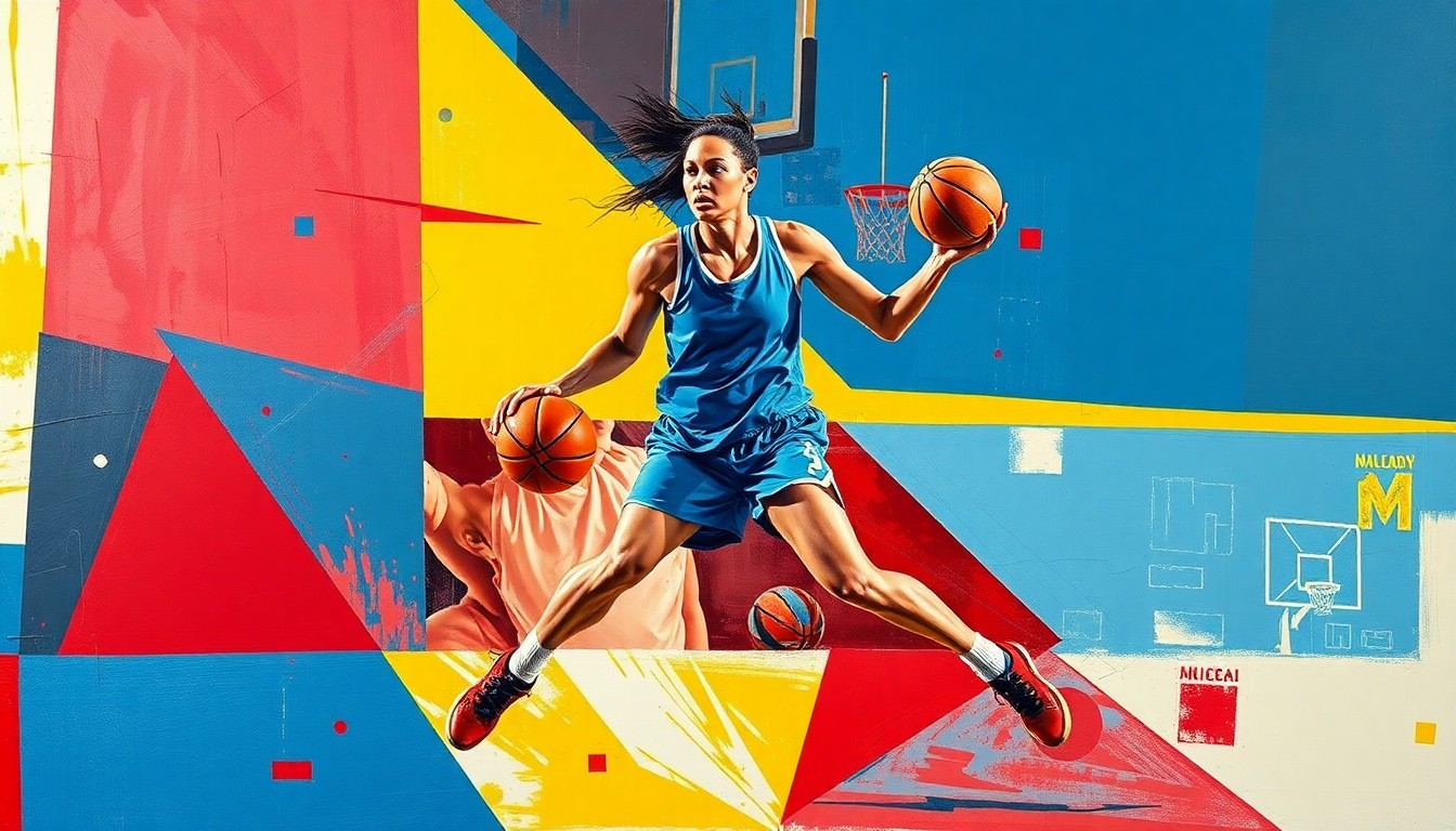 A fractured, geometric painting depicting the fluid movements of a women's basketball player, with sharp planes of color and form capturing the energy of the sport.