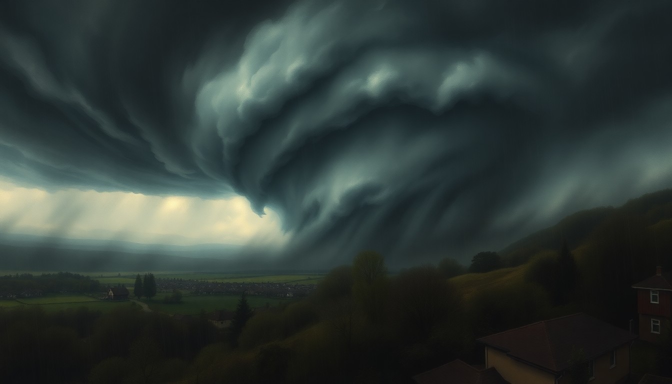 A vast, majestic landscape painting in muted tones of gray, blue, and green, depicting a massive, swirling vortex of dark clouds and heavy rain obscuring a distant suburban neighborhood, conveying the overwhelming power of nature and the fragility of human dwellings.