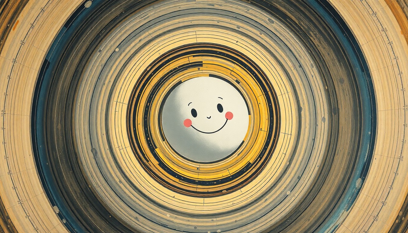 A highly textured, abstract painting in soft blues, greens, and pinks, featuring sweeping geometric arcs and concentric circles that evoke a smiling moon-shaped plush toy floating in zero gravity, conceptually representing the playful and imaginative spirit of space exploration.