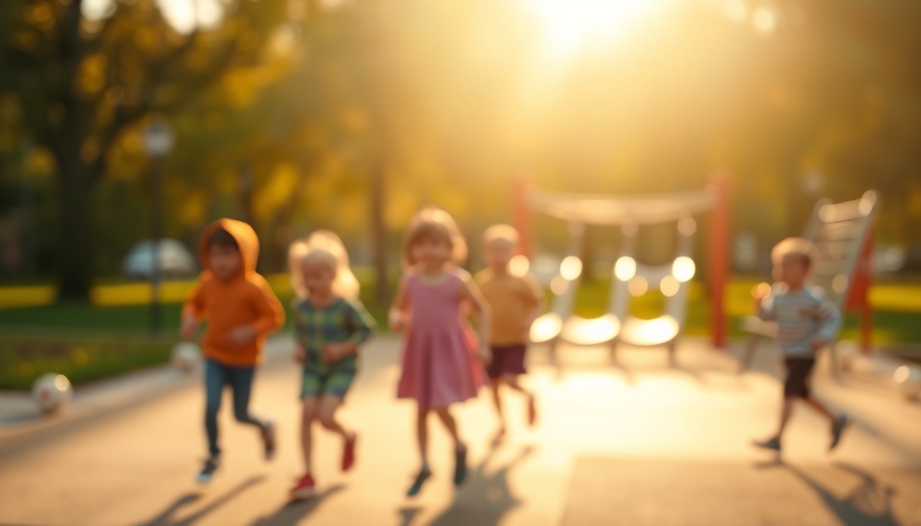 An abstract, out-of-focus photograph showing the blurred silhouettes of children playing on a park playground, with the background fading into warm, soft pools of light and color.
