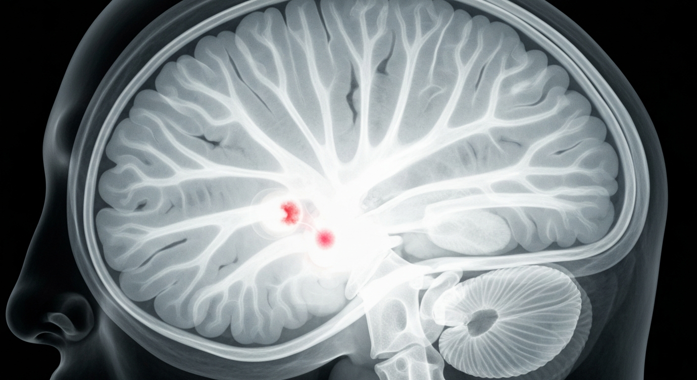 A translucent X-ray photograph revealing the ghostly outline of a human brain with a faint, obstructed blood vessel, conceptually representing the ischemic stroke experienced by reality TV dermatologist Dr. Sandra Lee.