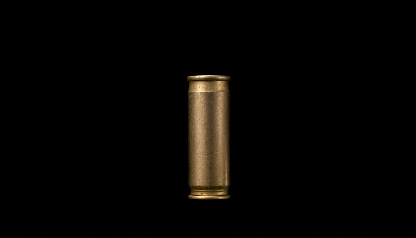 An extreme close-up photograph of a single 9mm shell casing, its metallic surface and dramatic shadows creating a stark, gritty visual representation of the evidence from a violent crime.