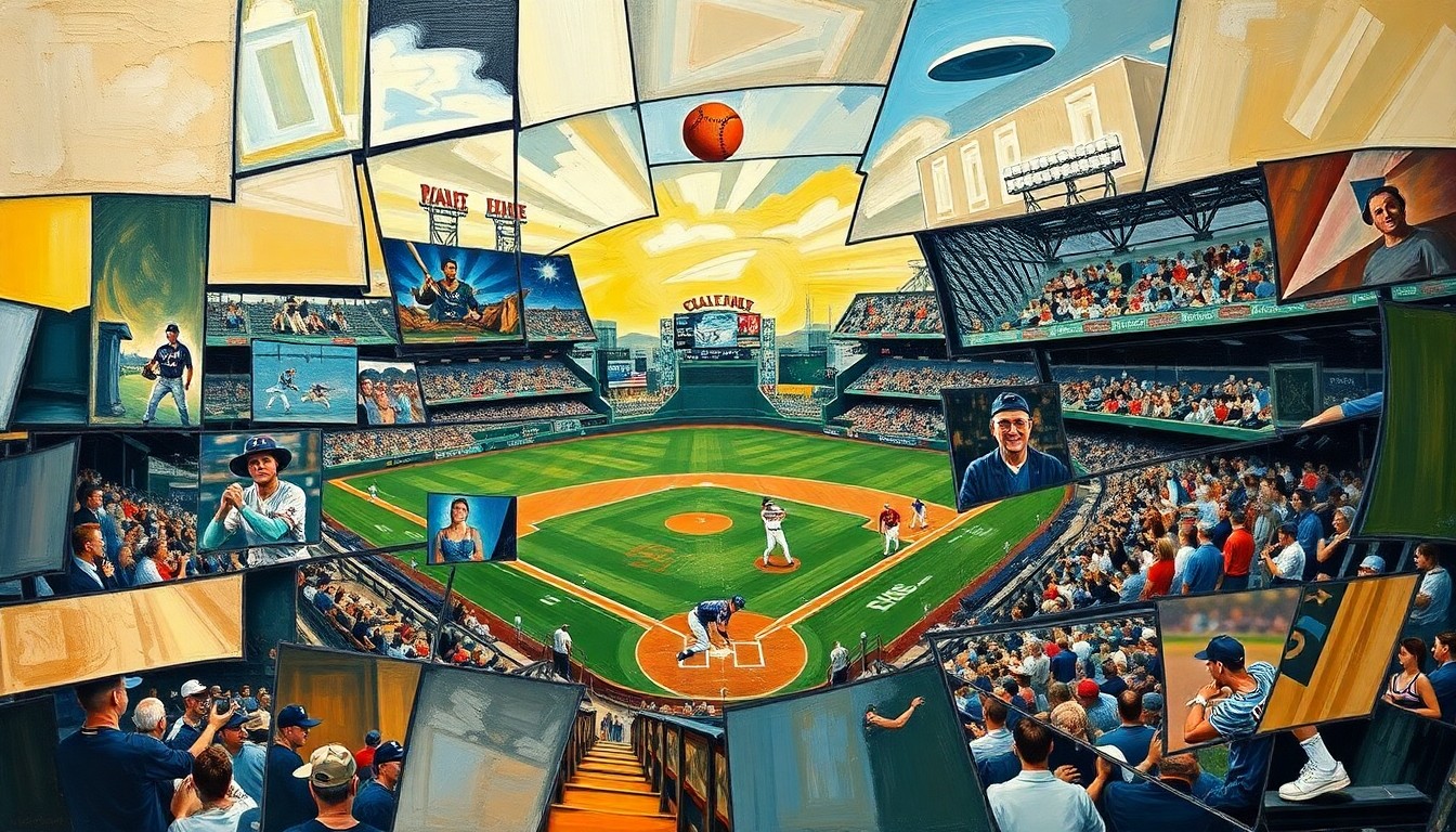 A cubist, geometric painting depicting a baseball game or match, with sharp, overlapping planes of color and shape representing the dynamic action of the sport.