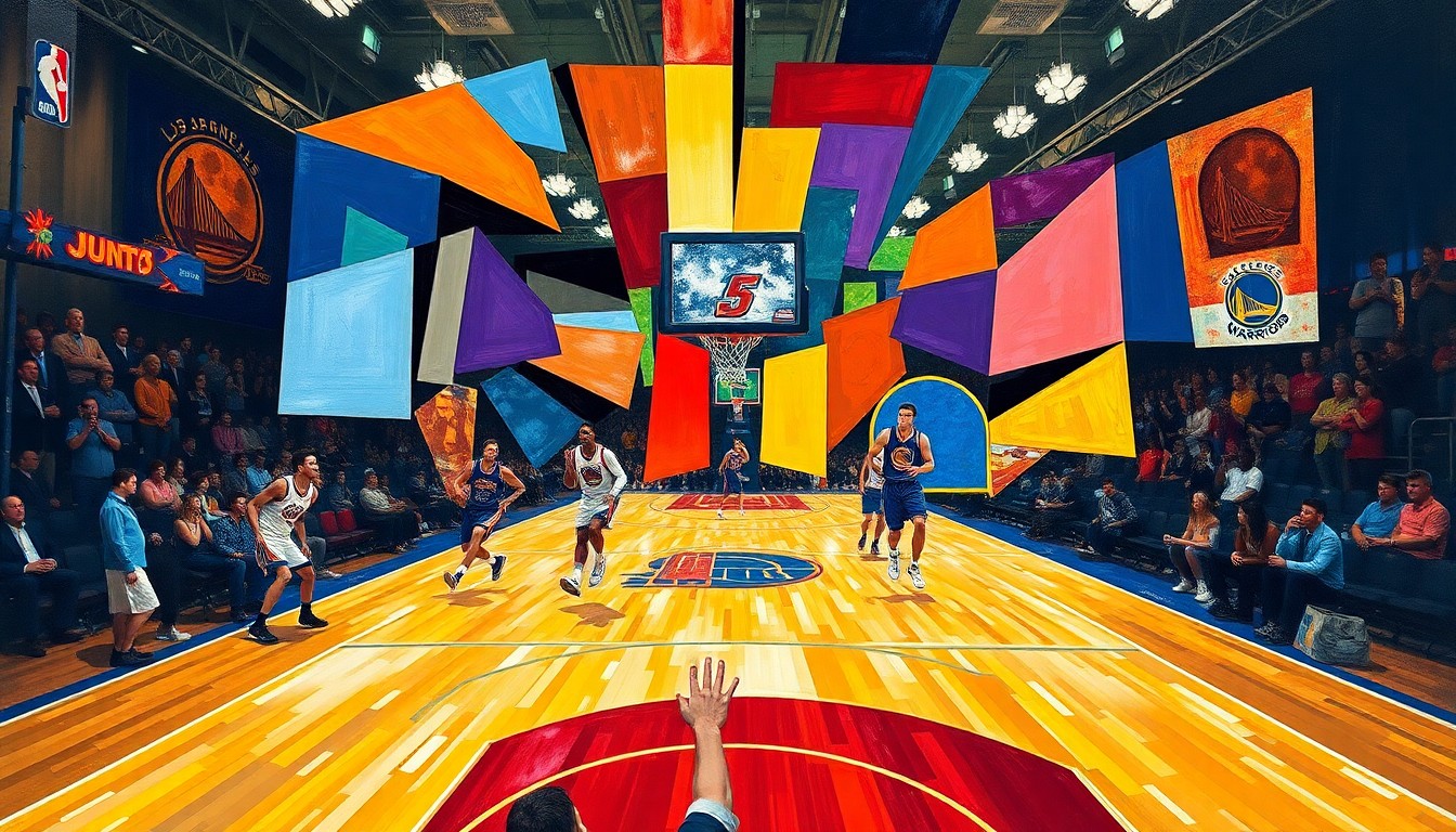 A cubist, geometric painting depicting a basketball game between the Los Angeles Clippers and Golden State Warriors, with the players and court fragmented into sharp, overlapping planes of color.