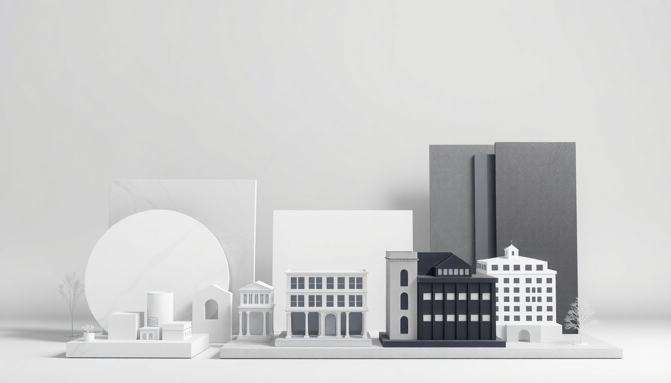 A minimalist, high-end studio still life featuring a selection of premium building materials and architectural models in shades of gray, white, and black, arranged in a clean, elegant composition to symbolize the abstract concepts of corporate strategy and risk in the real estate industry.