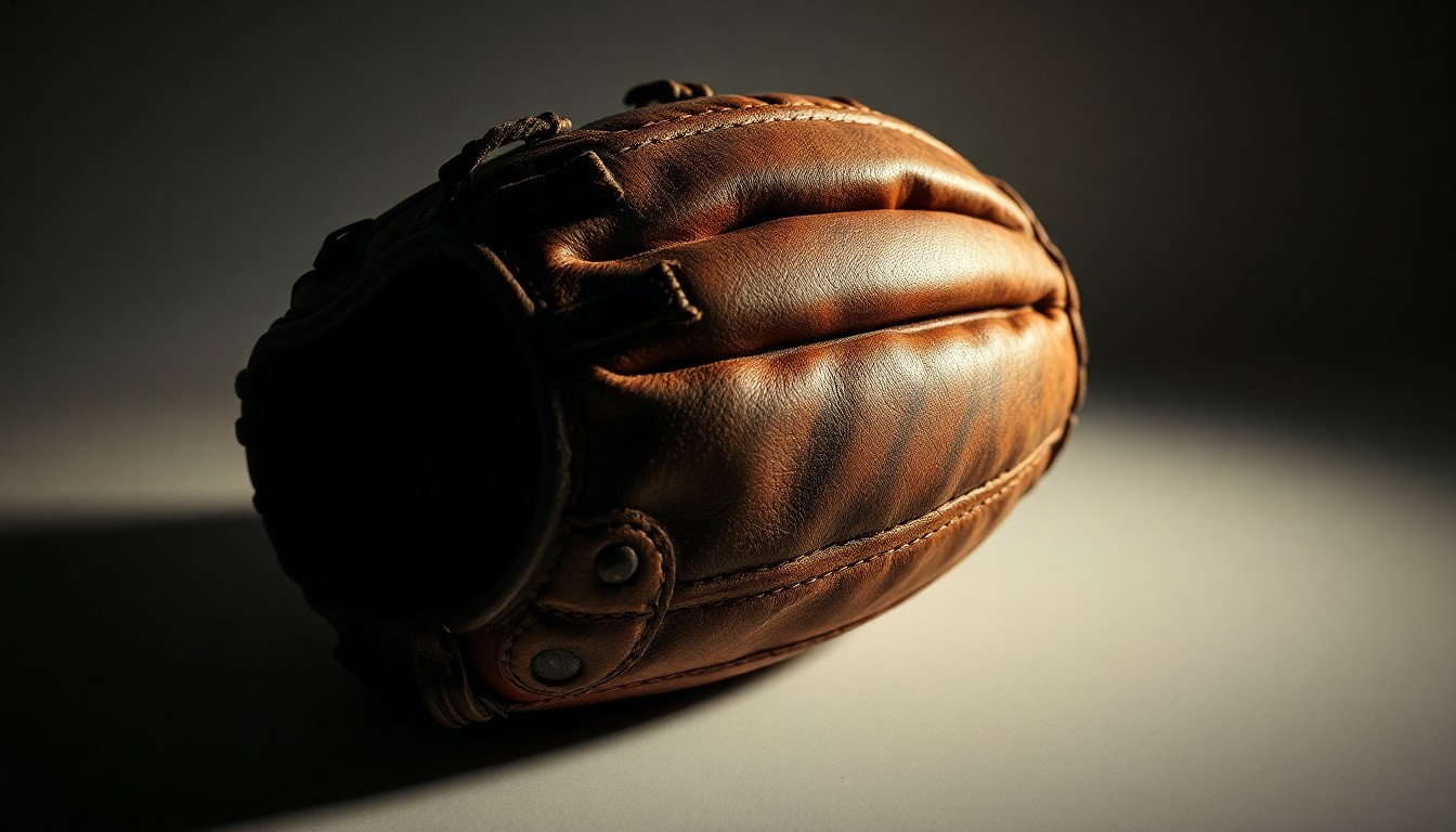 An extreme macro photograph of the textured, weathered leather of a vintage baseball glove, shot in dramatic studio lighting to create a high-contrast, glamorous aesthetic that evokes the nostalgia and history of America's pastime.