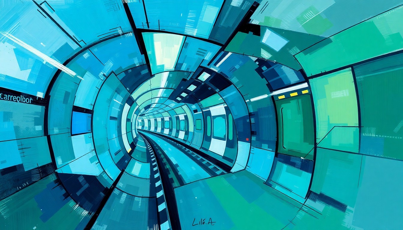 A dynamic, abstract painting featuring overlapping, fractured geometric shapes in shades of blue, green, and gray, conceptually representing the high-speed underground transportation system of the Music City Loop project.