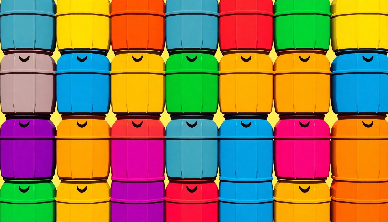 A bold, graphic illustration of a rain barrel repeated in a grid pattern, rendered in a high-contrast silkscreen style with vibrant neon colors and heavy black outlines, conceptually representing the widespread adoption of rainwater harvesting in Texas.