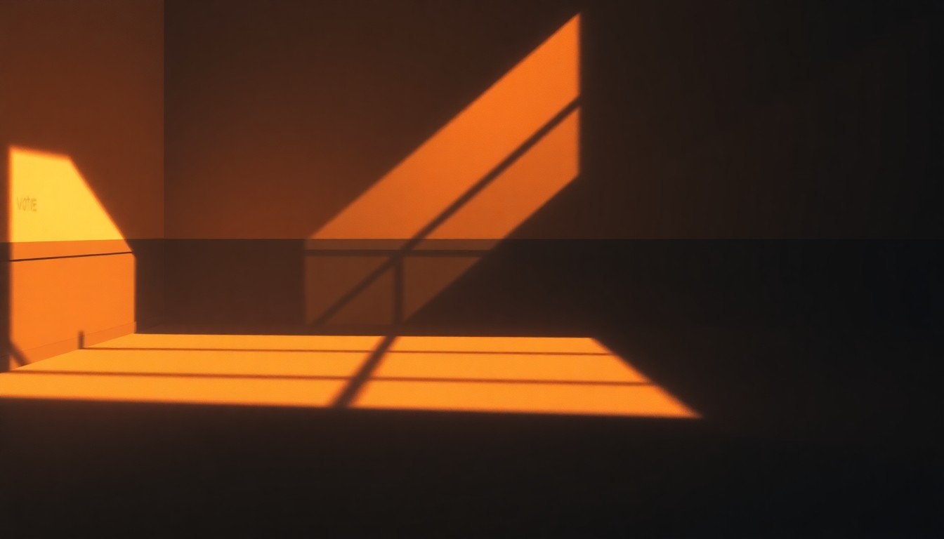 A serene, cinematic painting depicting an empty polling place or ballot box, with warm sunlight casting long shadows and creating a melancholic, nostalgic atmosphere that reflects the fragility of voting rights in the present day.