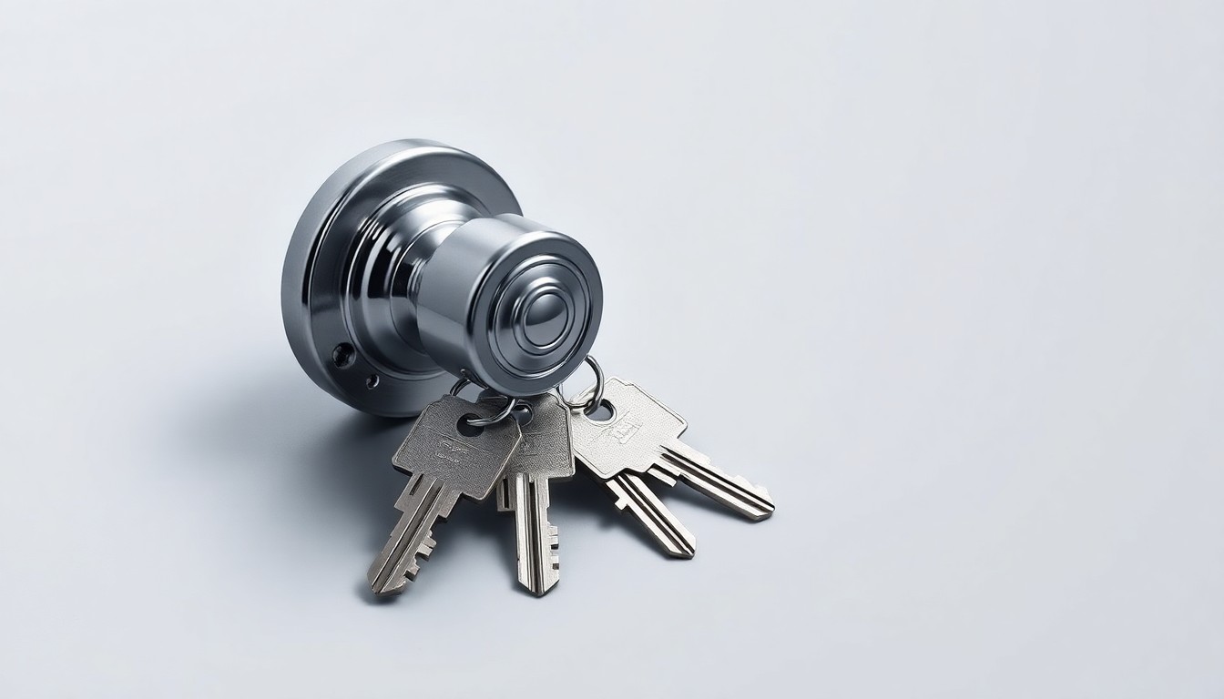 A close-up photograph of a shiny, chrome-plated doorknob and a set of keys resting on a plain, white background, symbolizing the essential role of building workers in maintaining residential properties across New York City.