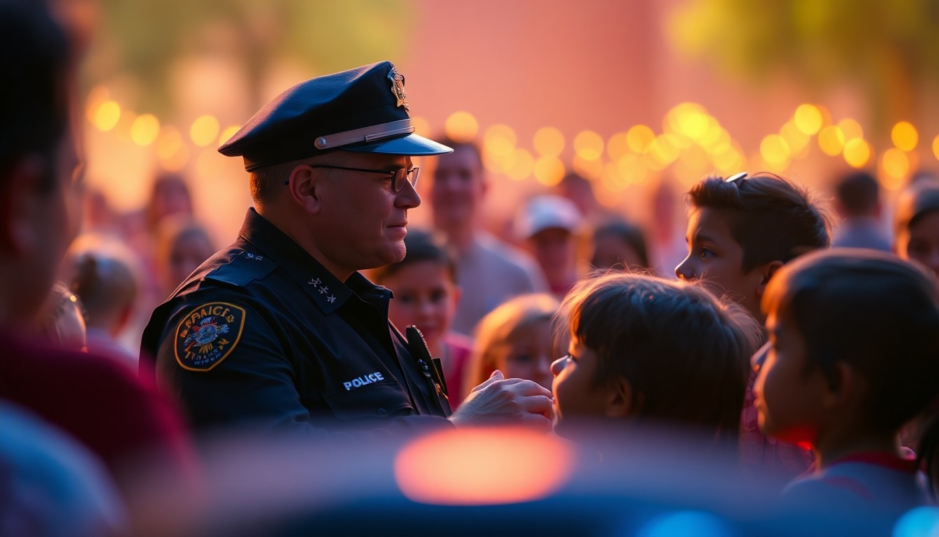 An abstract, impressionistic scene of blurred figures and shapes in vibrant hues of orange, yellow, and blue, conveying the lively energy and community spirit of a police-hosted public event.