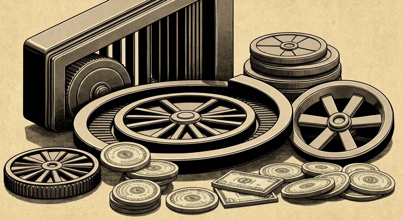 An extreme close-up of heavy, industrial banking equipment and mechanisms, conveying the tangible, physical nature of the financial industry without using literal currency or charts.
