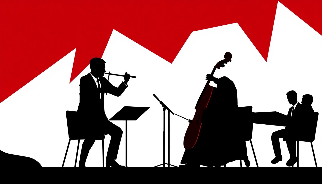 A striking, minimalist composition of jagged geometric shapes in deep red and black, capturing the dynamic spirit of a chamber music performance.