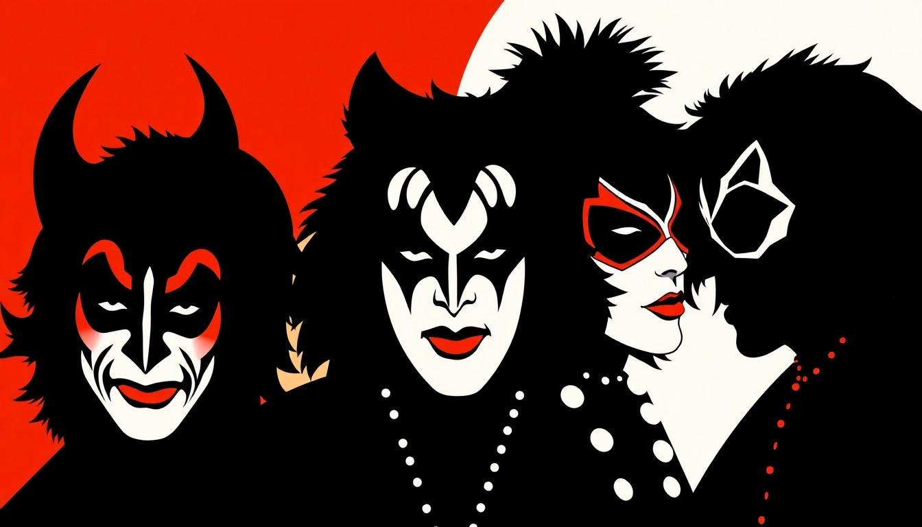 A striking abstract composition featuring bold, jagged black silhouettes of the KISS band members' iconic personas set against a high-contrast red and white background, conceptually representing the band's upcoming virtual performances.