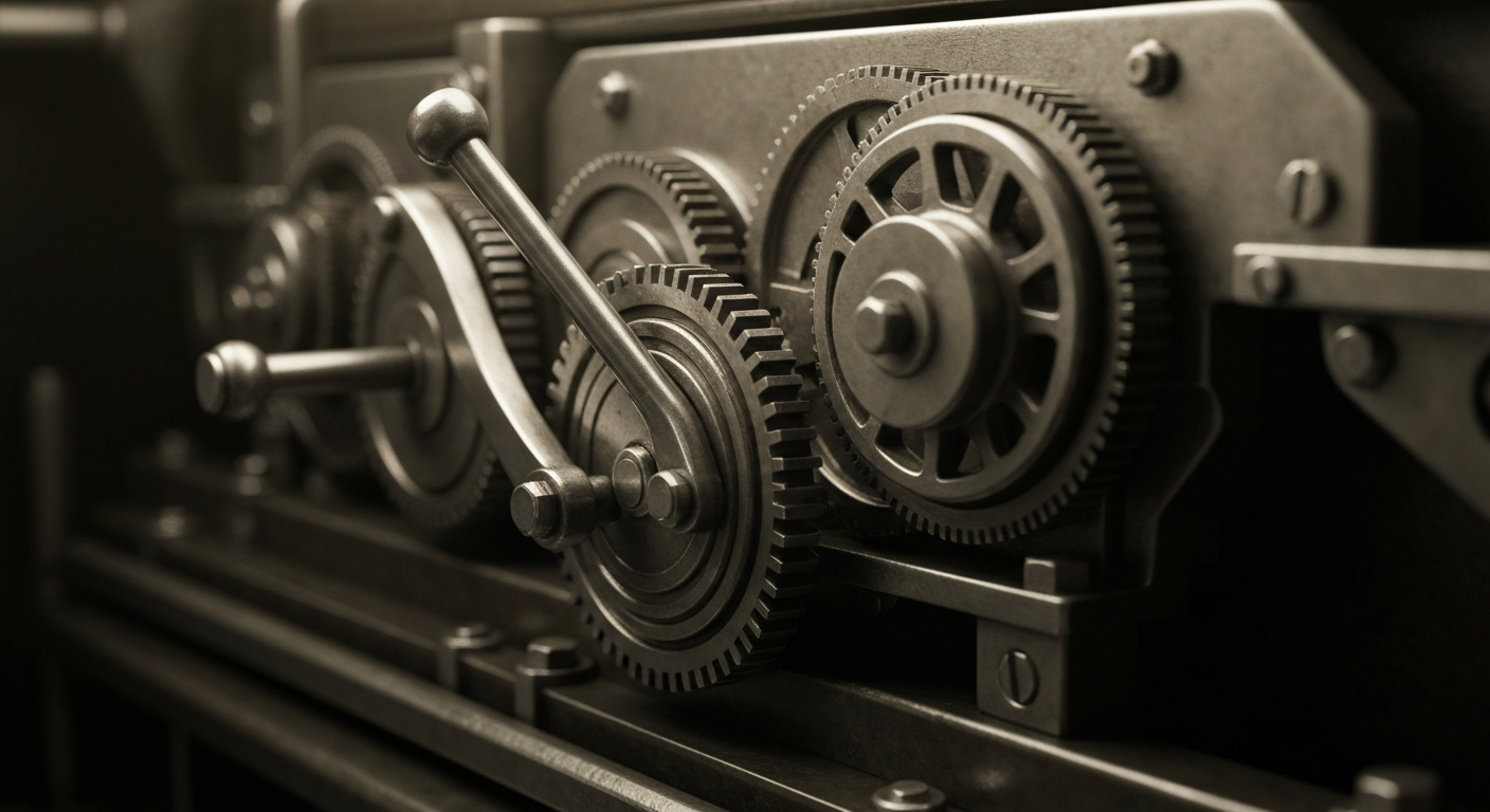 An extreme close-up of the intricate mechanical components of an industrial banking machine, conveying a sense of financial security and institutional power through dramatic lighting and textured metal surfaces.