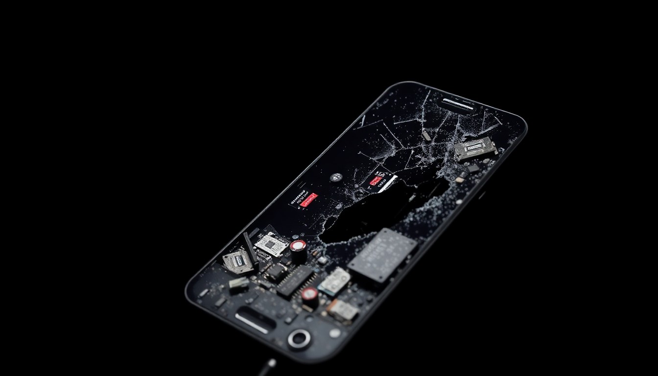 An extreme close-up photograph of a broken electronic device, such as a smartphone or tablet, lit by a harsh, direct camera flash against a pitch-black background. The shattered screen and exposed internal components conceptually represent the digital evidence uncovered in the investigation.
