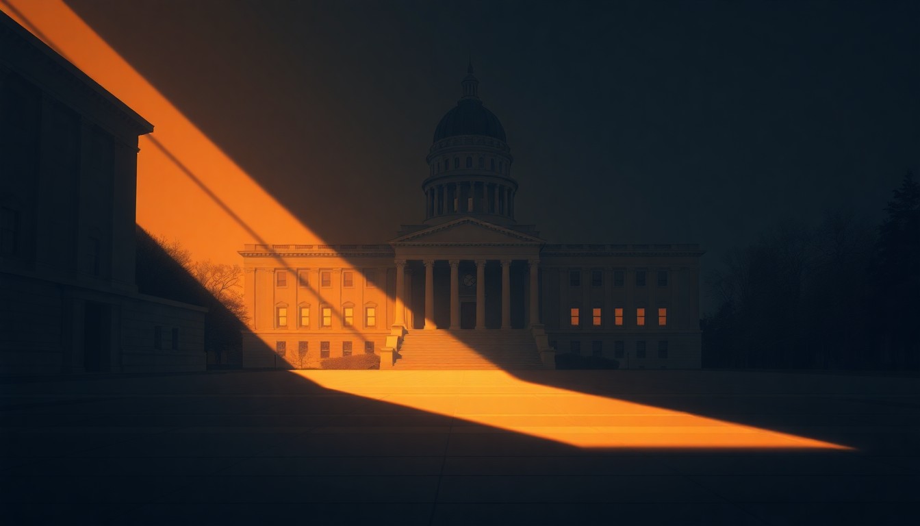 A photorealistic oil painting of the Iowa State Capitol building, its grand architecture and dome bathed in warm, golden light that casts deep shadows across the facade, evoking a sense of political nostalgia and transition.