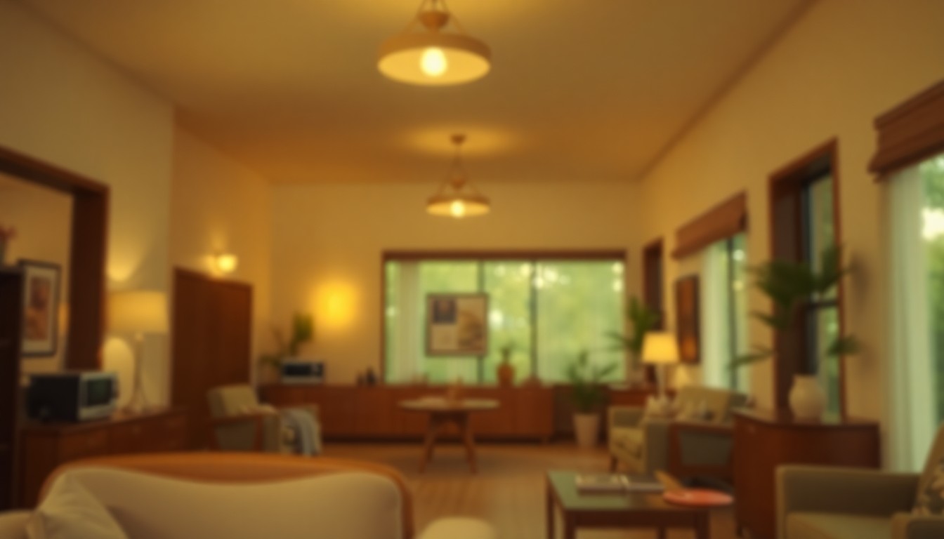 An abstract, impressionistic photograph in soft, warm tones depicting the interior of a mid-century modern space, with blurred shapes and forms suggesting furniture, lighting, and architectural elements.