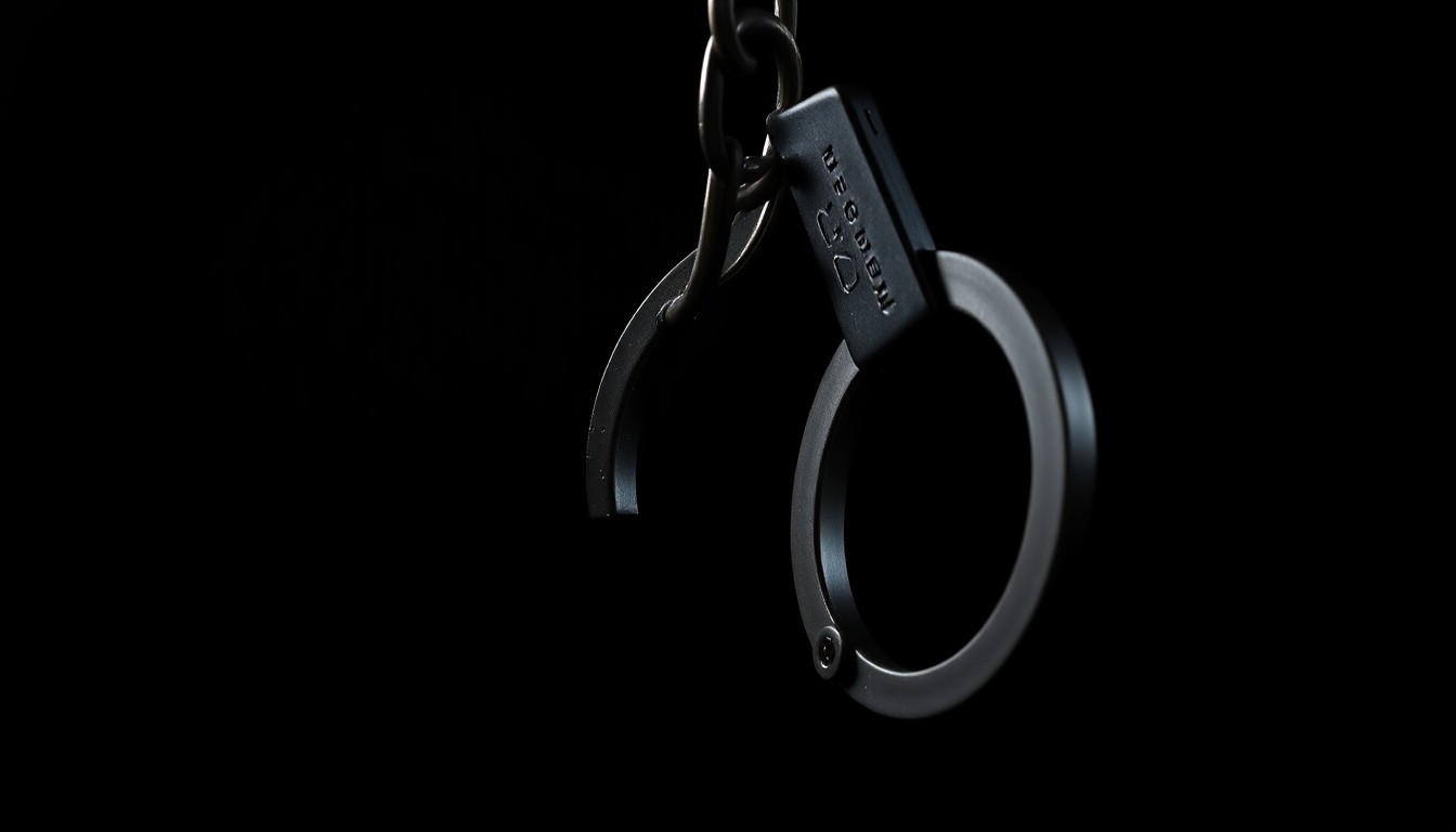 An extreme close-up of a metal handcuff lock, the harsh lighting and dark background creating a stark, investigative aesthetic to represent the gravity of the alleged crime.